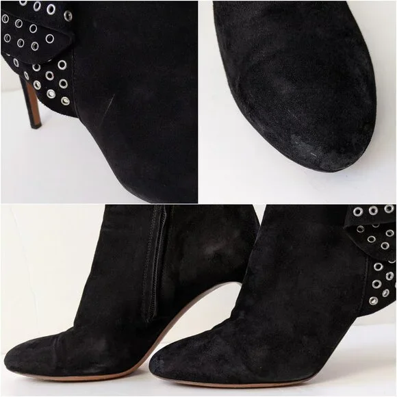 Alaïa Black Suede Grommet Embellished Ruffled Ankle Boots | Size 38.5 - Picture 13 of 16